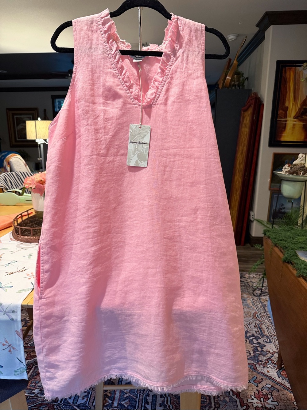 Tommy Bahama Pink Ruffle V-Neck Linen Tunic